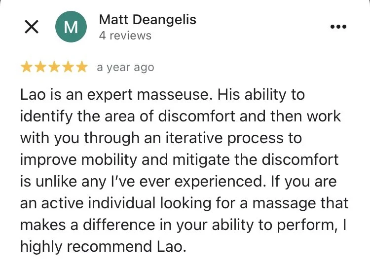 Review of Lao massage therapist praising his expertise and effectiveness in improving mobility and reducing discomfort.