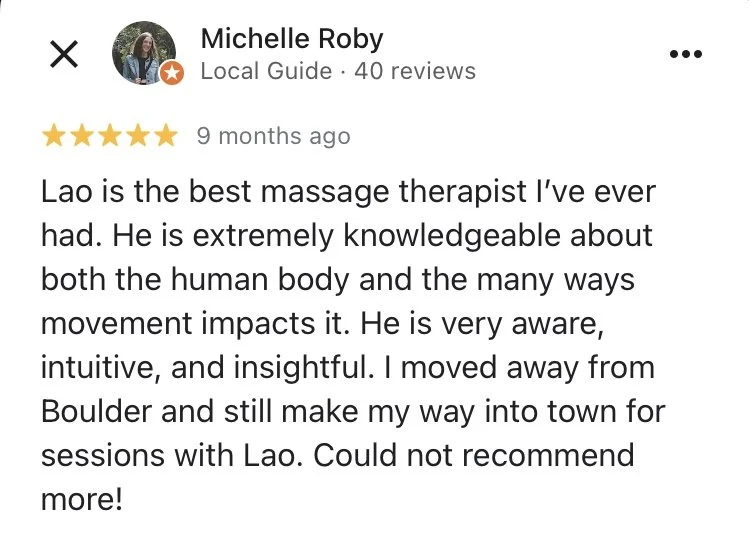 Screenshot of a positive review for a massage therapist named Lao, written by Michelle Roby, a local guide with 40 reviews.