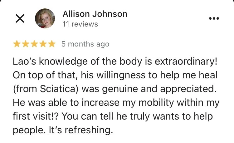 A screenshot of a five-star review from Allison Johnson praising a chiropractor's knowledge and care, mentioning improved mobility and gratitude.