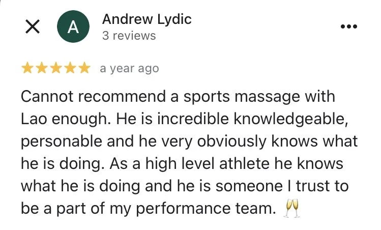 Screenshot of a review for a sports massage, mentioning the therapist's name Lao, praising his knowledge and skills, and stating trust in him as part of a performance team.