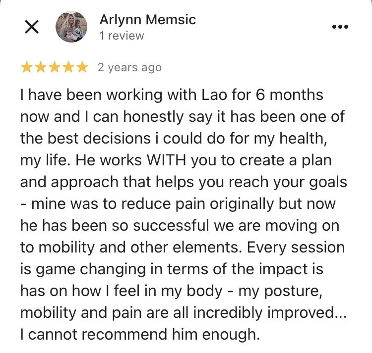 Screenshot of a positive review by Arlynn Memsic praising a person named Lao for physical therapy that improved her pain, mobility, posture, and overall health.