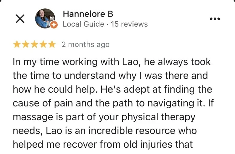 Screenshot of a social media review by Hannelore B praising Lao for physical therapy and massage skills.