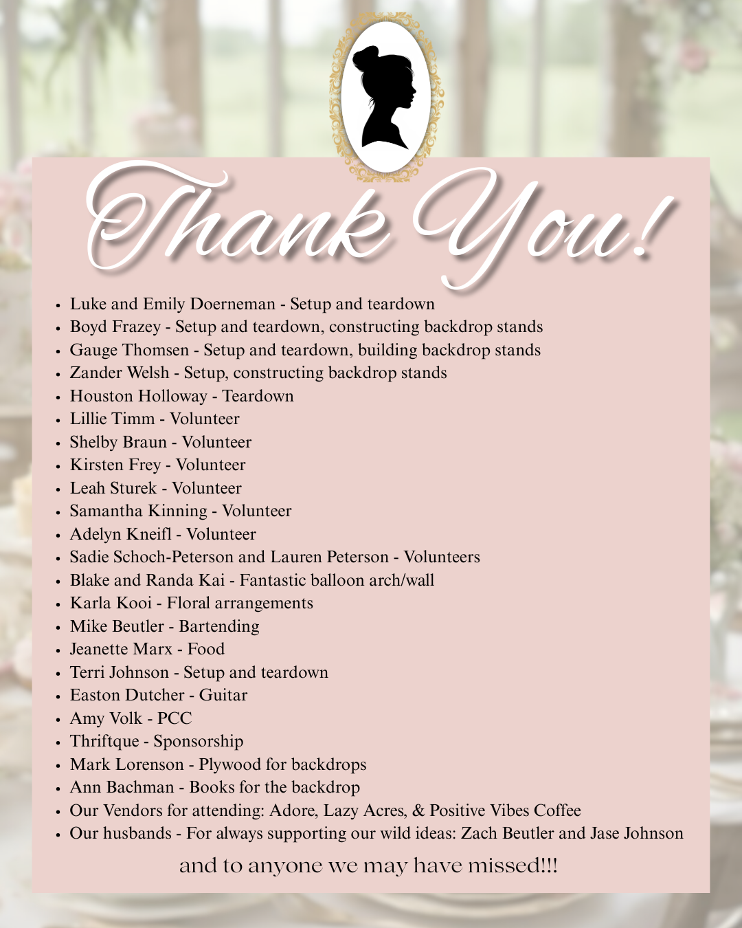 A thank you list for a wedding or event, including setup, teardown, volunteers, vendors, and sponsors, on a pink background with a silhouette of a woman in a white oval frame at the top.