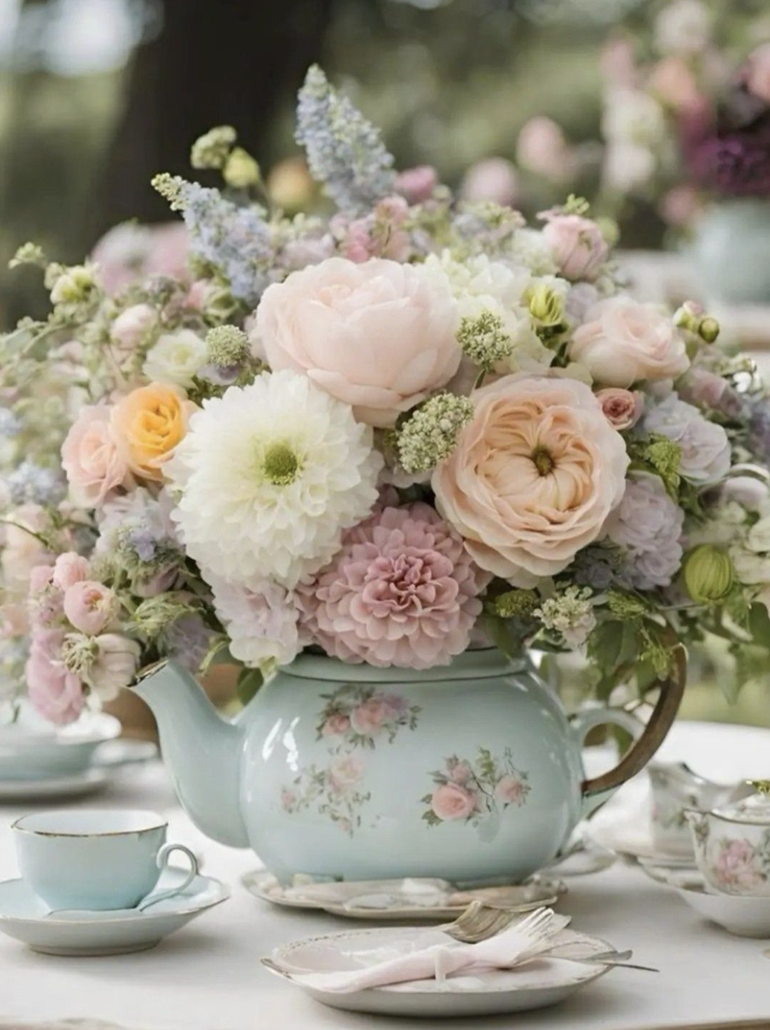 A floral arrangement with pink, white, and peach flowers in a pale blue teapot with floral design, placed on a table with tea cups and saucers.