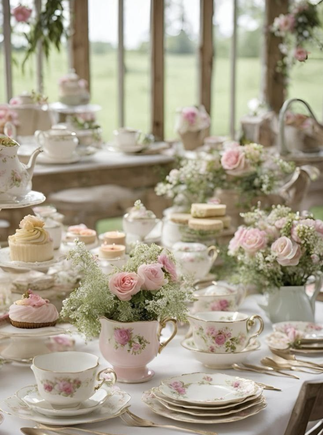 An elegantly set tea party table decorated with pink roses and white flowers, featuring fine china teacups, plates, and teapots, with an outdoor view in the background.