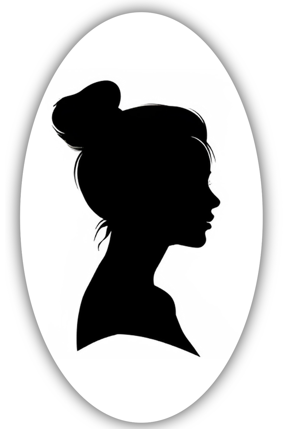Silhouette of a woman with her hair in a bun, in profile, against a white oval background with a black border.