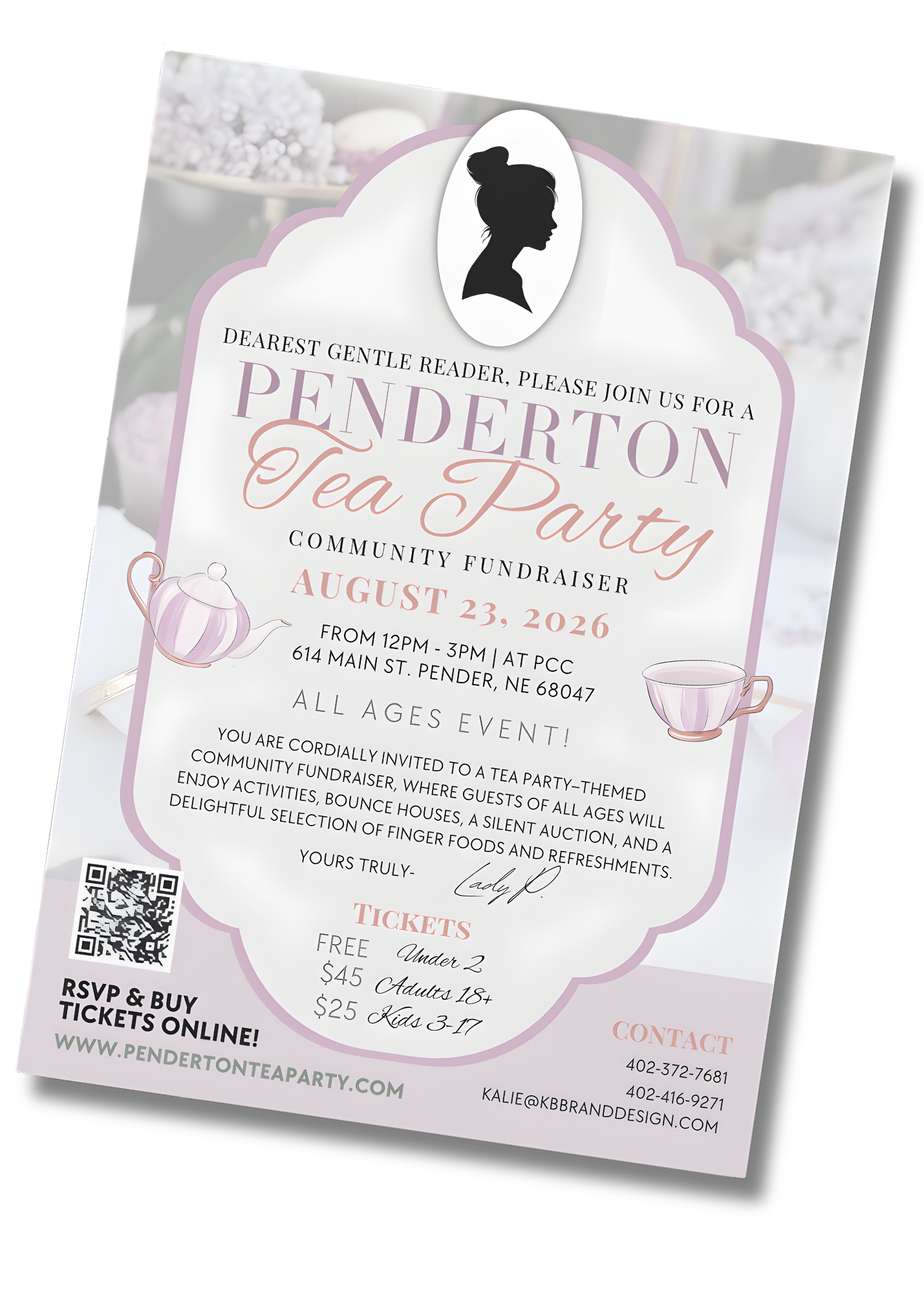 Invitation to a Penderton Tea Party community fundraiser scheduled for August 23, 2026, from 12 PM to 3 PM at PCC, 614 Main St., Pender, NE 68047, with details about tickets, activities, and contact information.