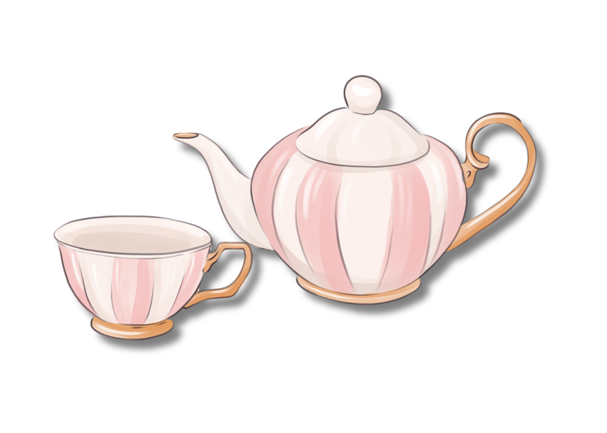 A pink and white striped teapot with a matching cup on a black background.