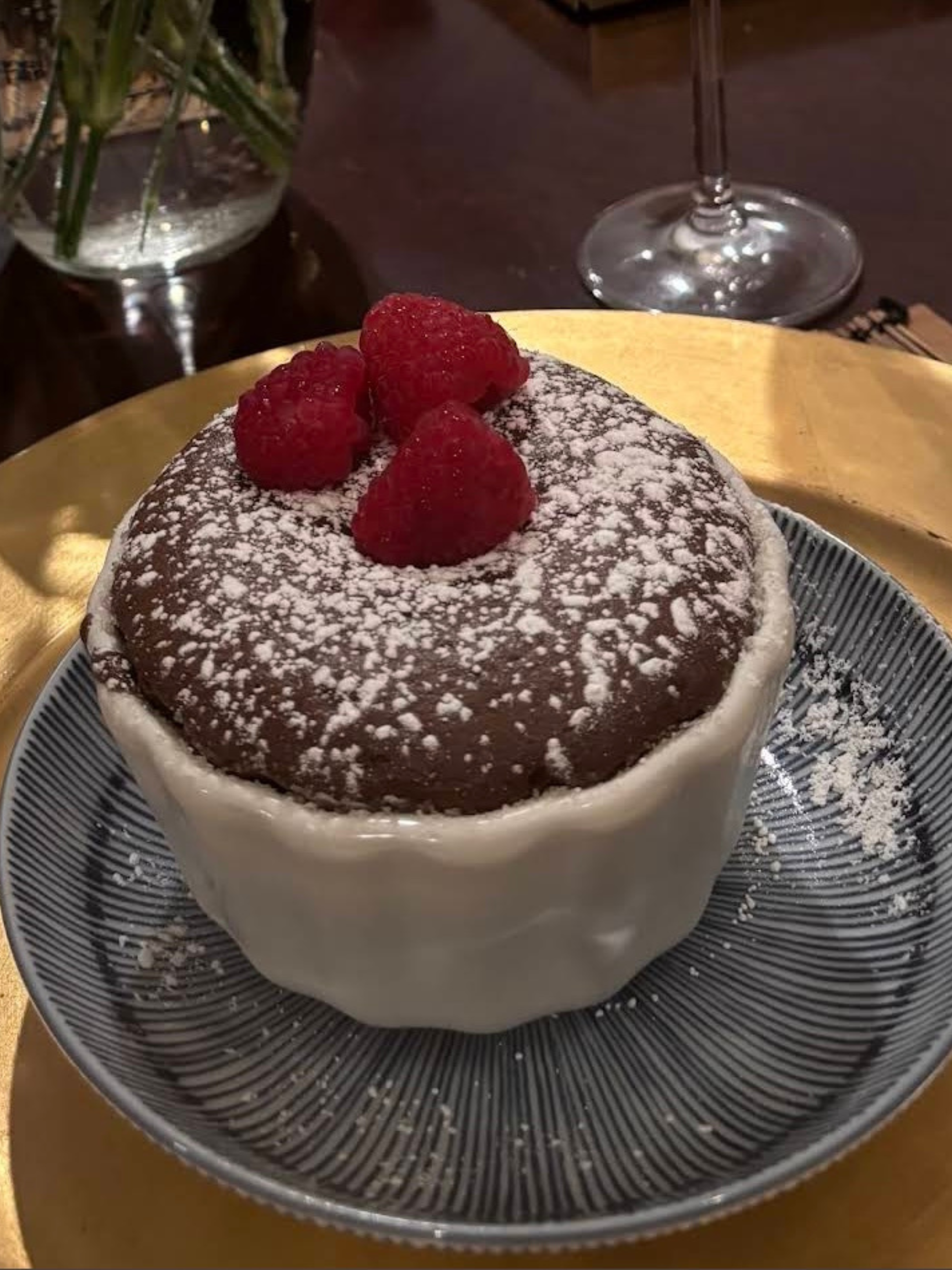Chocolate souffle, fresh raspberries
