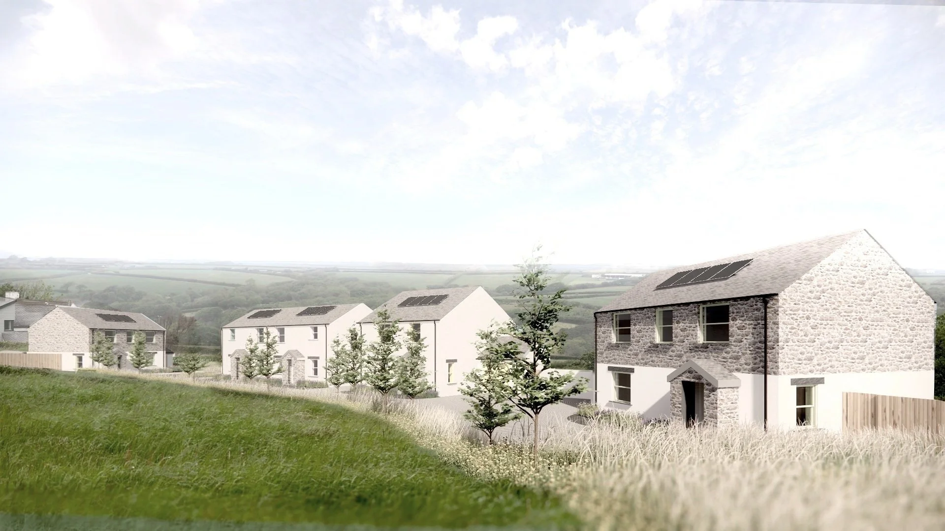 Rendering of a suburban neighborhood with modern houses, some with brick facades, green lawns, and small trees. Solar panels are visible on the roofs of the houses, and a cloudy sky is overhead.