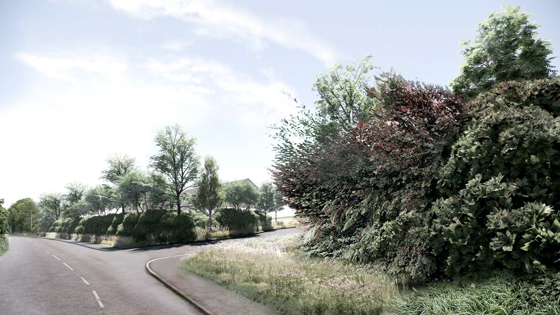 A winding road curves to the left, lined with trees and bushes on both sides under a partly cloudy sky.