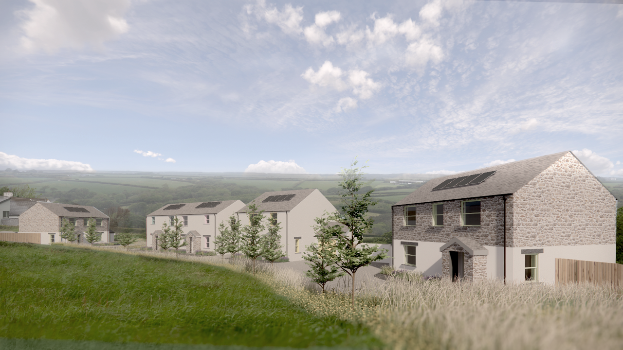 A digital rendering of new modern houses with solar panels on roofs, set in a rural landscape with grassy areas, trees, and rolling hills in the background.