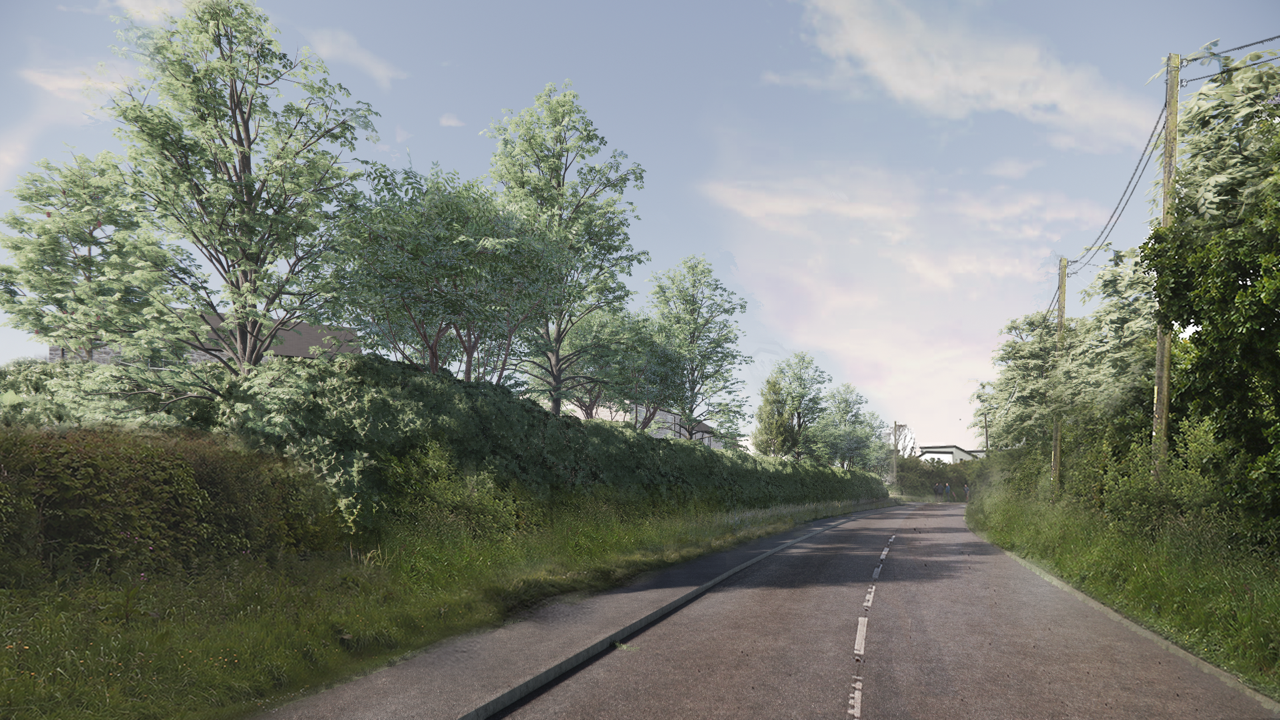 A rural road with overgrown grass and shrubs on both sides, lined with green trees, under a partly cloudy sky.