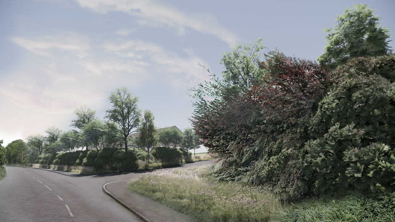 A winding road beside trees and bushes on a partly cloudy day.