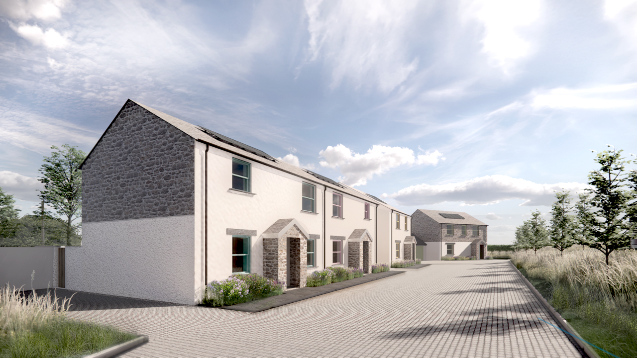 Newly built row of modern houses with stone and white exterior, small front gardens, paved driveway, and trees along the street under a partly cloudy sky.