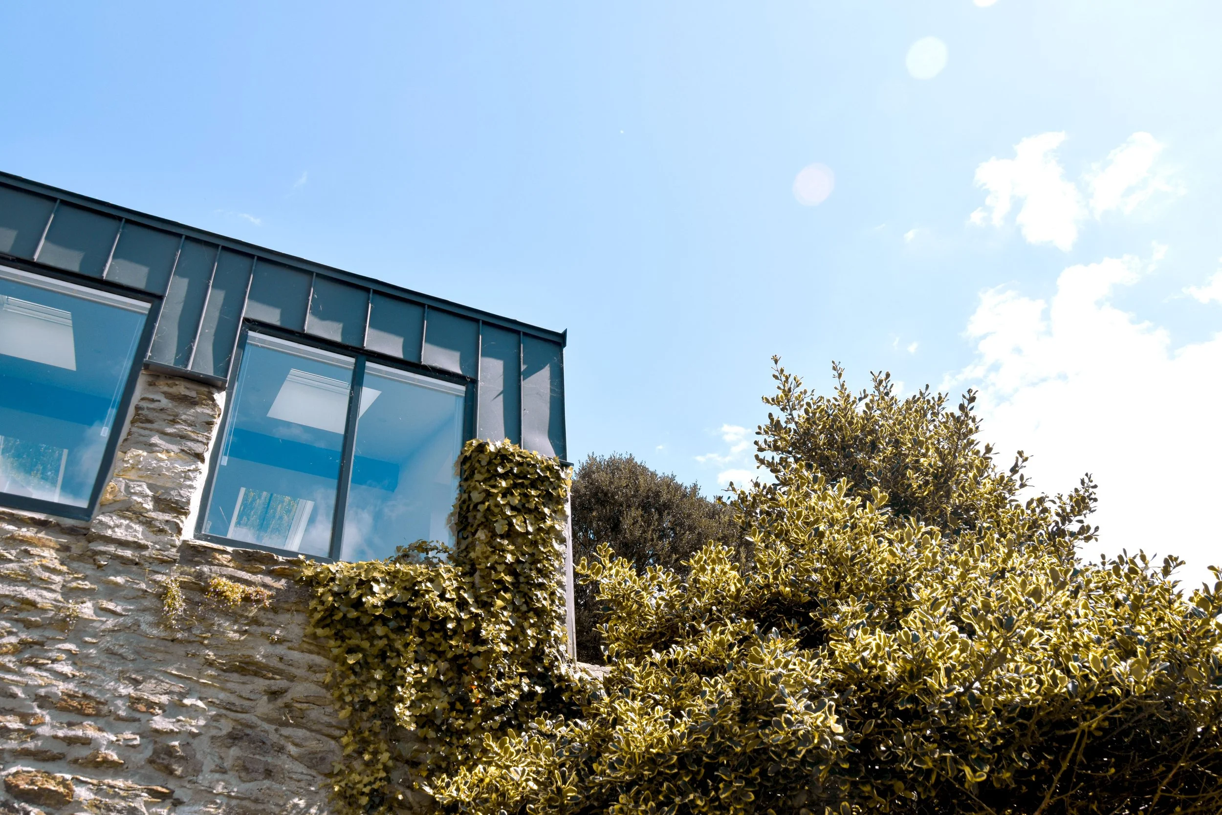 Modern building with large glass windows, stone and metal exterior, and greenery in the foreground under a blue sky with clouds.