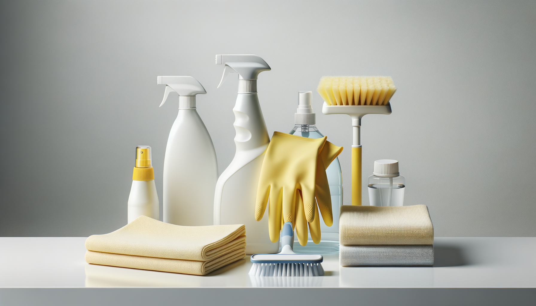 Cleaning supplies including spray bottles, spray bottle with white spray, yellow rubber gloves, yellow and white scrubbing brush, clear spray bottle, beige cleaning cloths, and a small clear bottle on a white surface against a gray background.