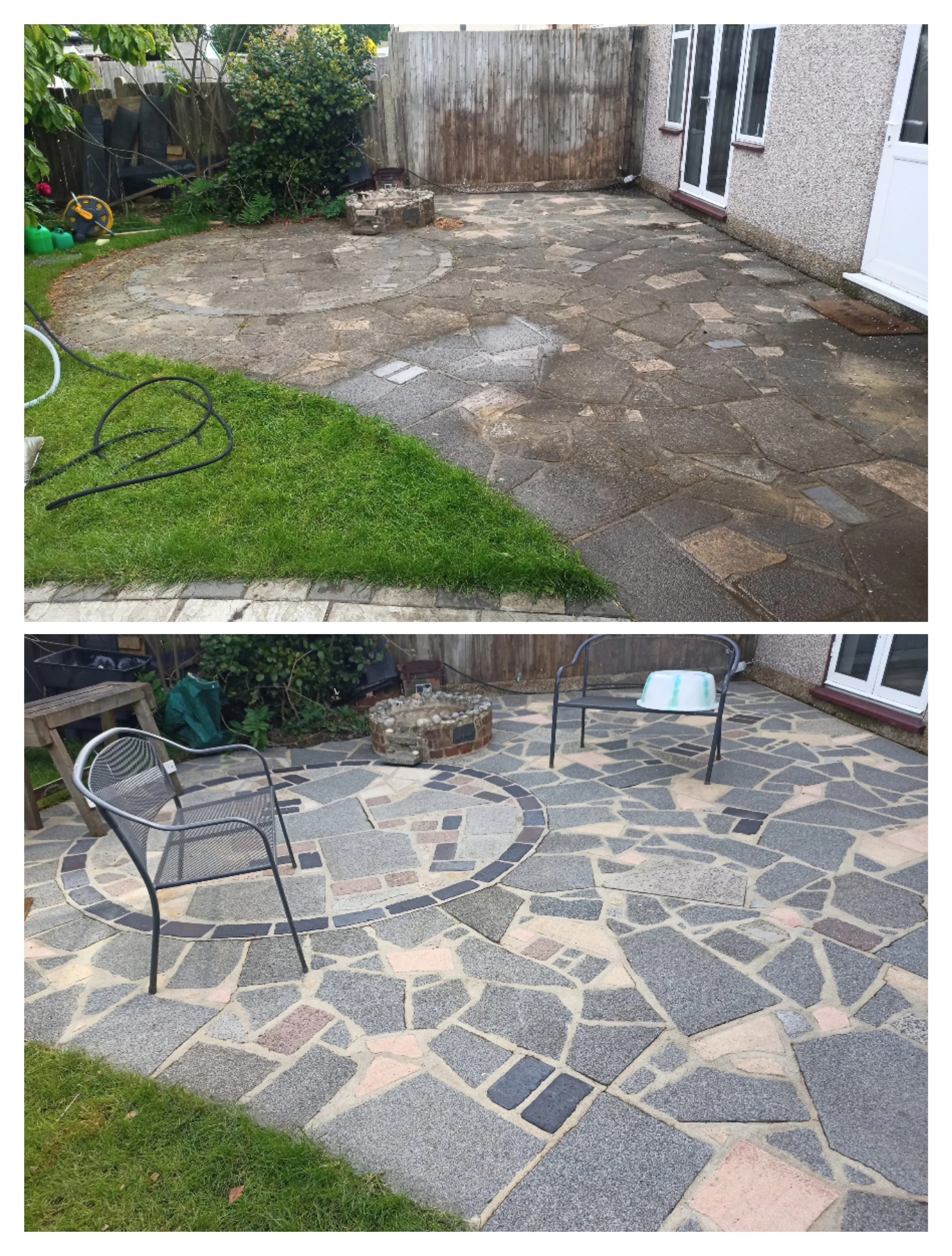 Before and after images of a backyard patio, showing the removal of old paving slabs and installation of new patterned stone tiles, with outdoor furniture and garden tools present.