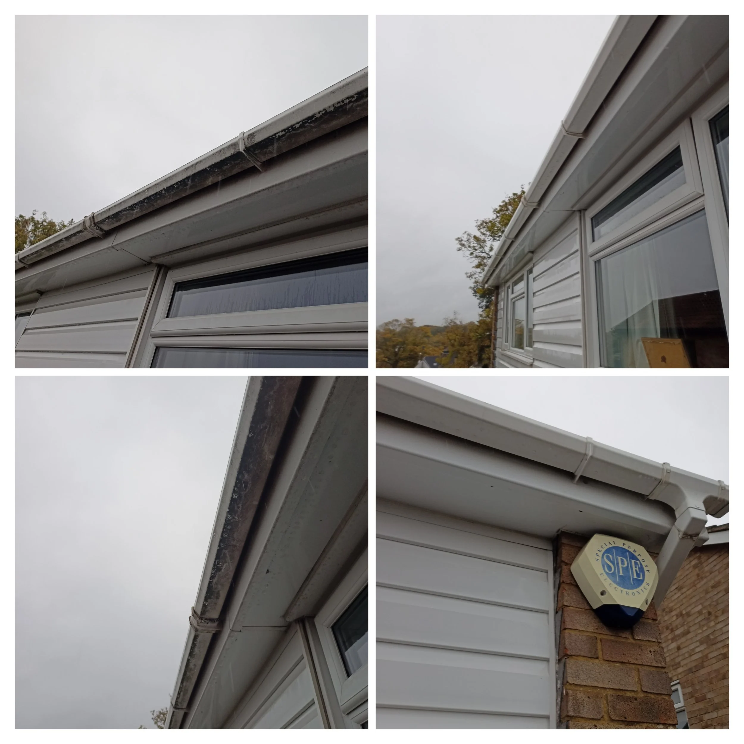 Comparison of two photos of a house's eaves. The left image shows the eaves with dirt, moss, and weathering, while the right image shows the same area cleaned and freshly painted, revealing the house's white siding and brick exterior.