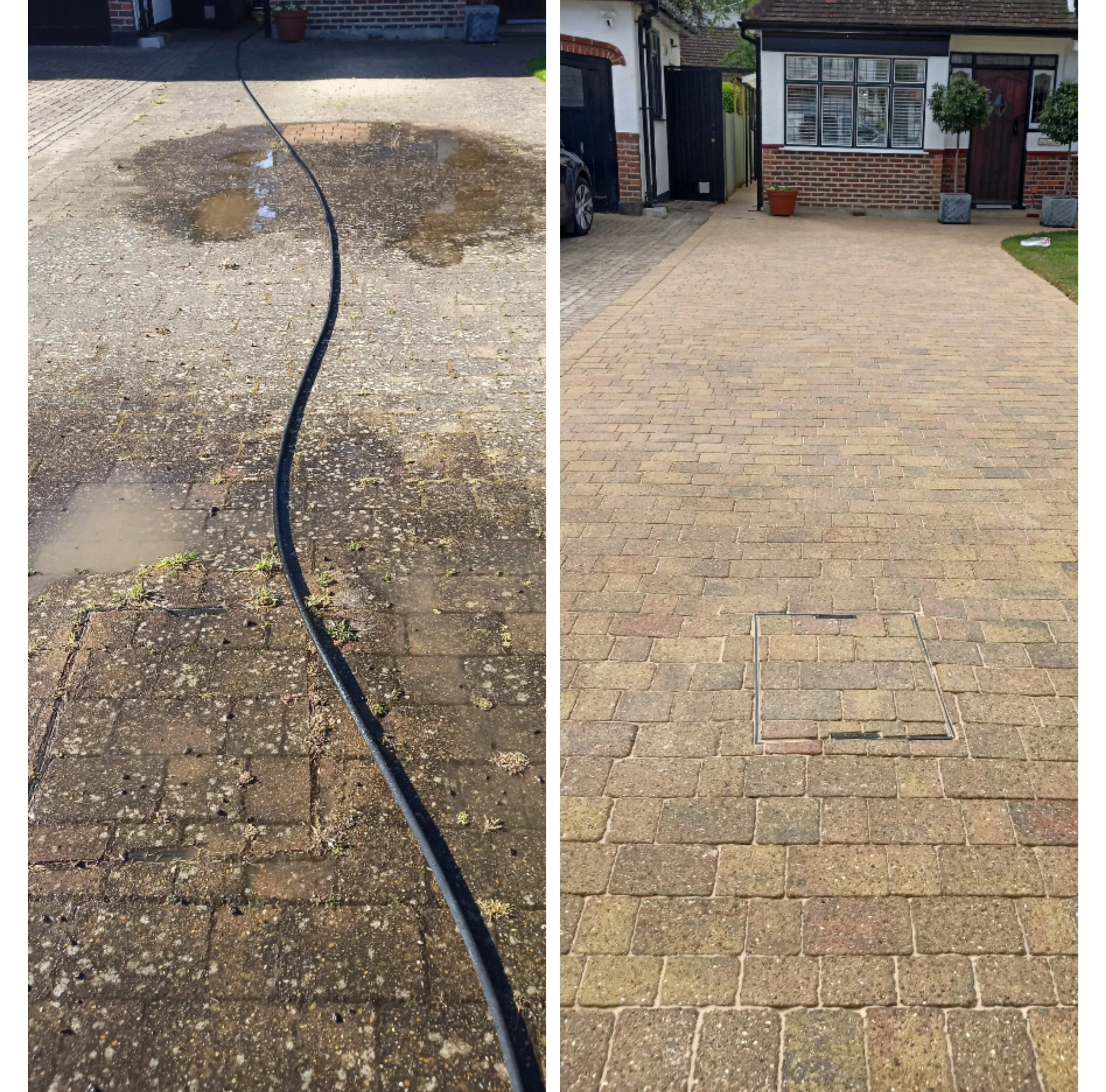 Comparison of a wet, muddy driveway on the left and a clean, dry brick driveway on the right.