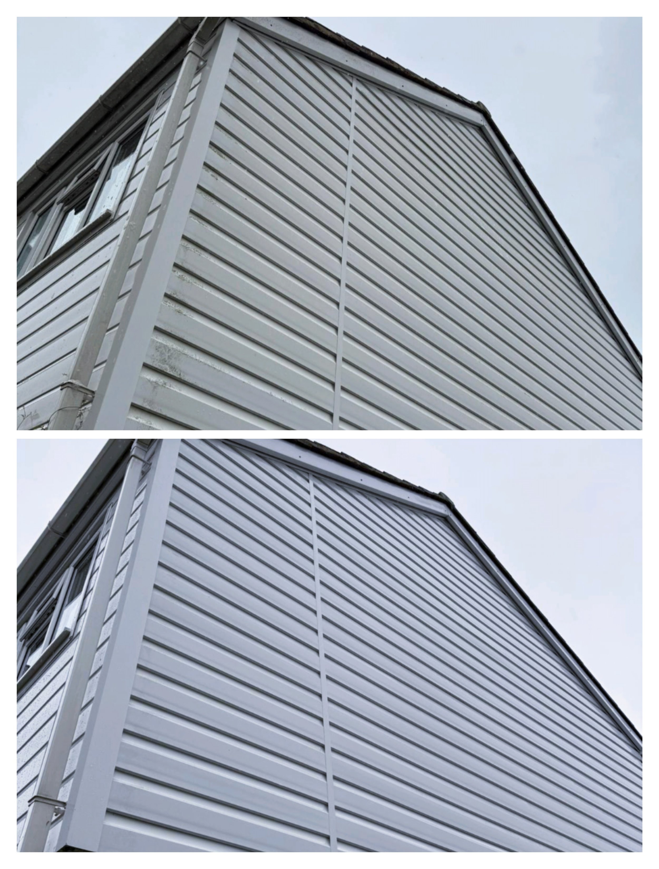 A metal-sided house with horizontal siding, a corner with a window, and a steeply sloped roof against an overcast sky.