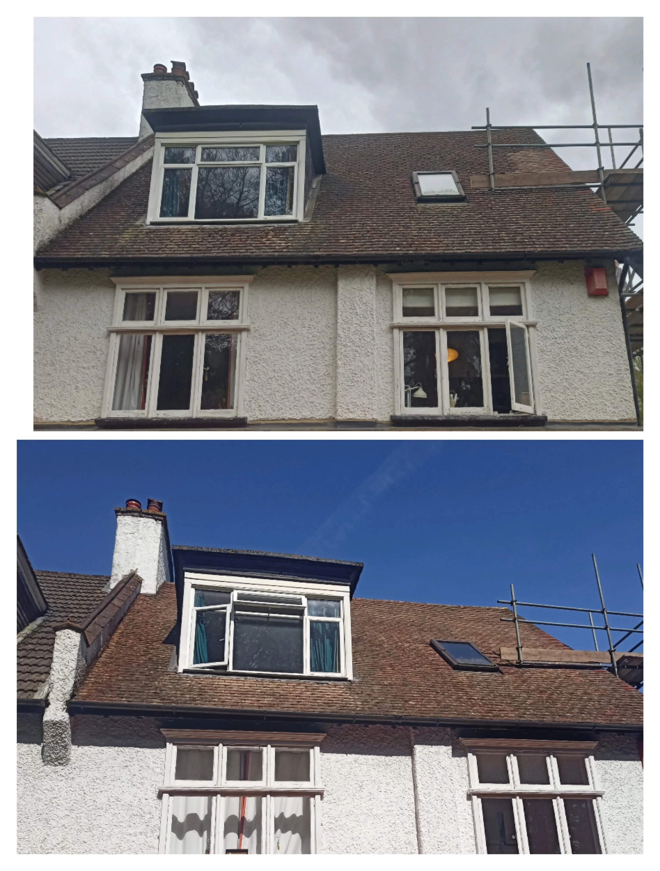 The image shows the upper part of a white, textured residential house with large windows, a pitched roof with brown shingles, and a chimney, with a blue sky in the background. There is scaffolding on the right side of the roof, indicating constructio