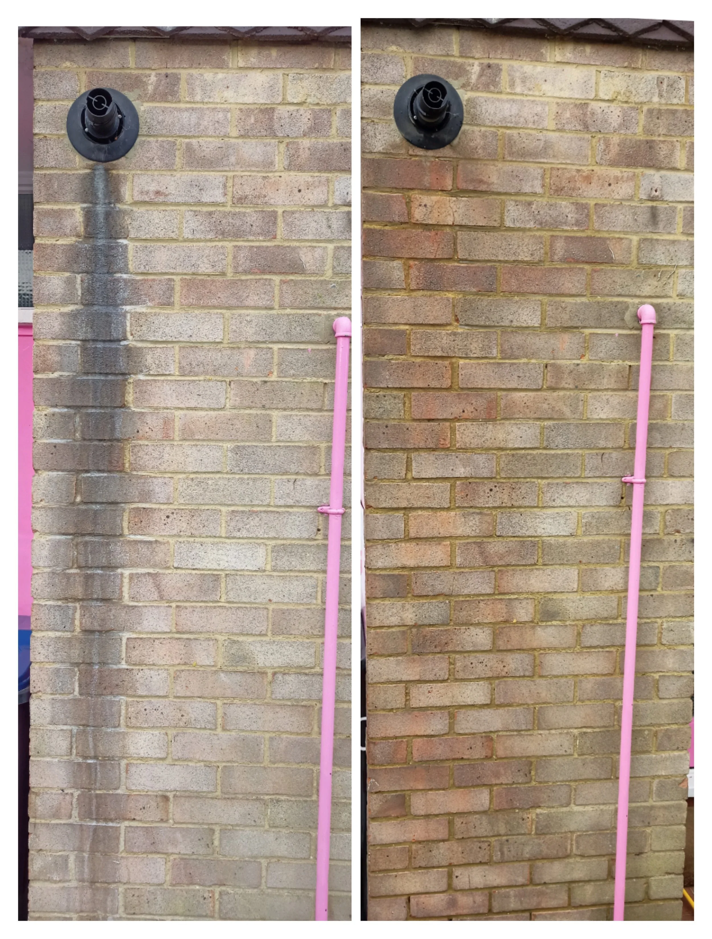 A side-by-side comparison of brick walls and forks with pink handles; the left side shows a dark stain on the bricks, while the right side shows clean bricks.