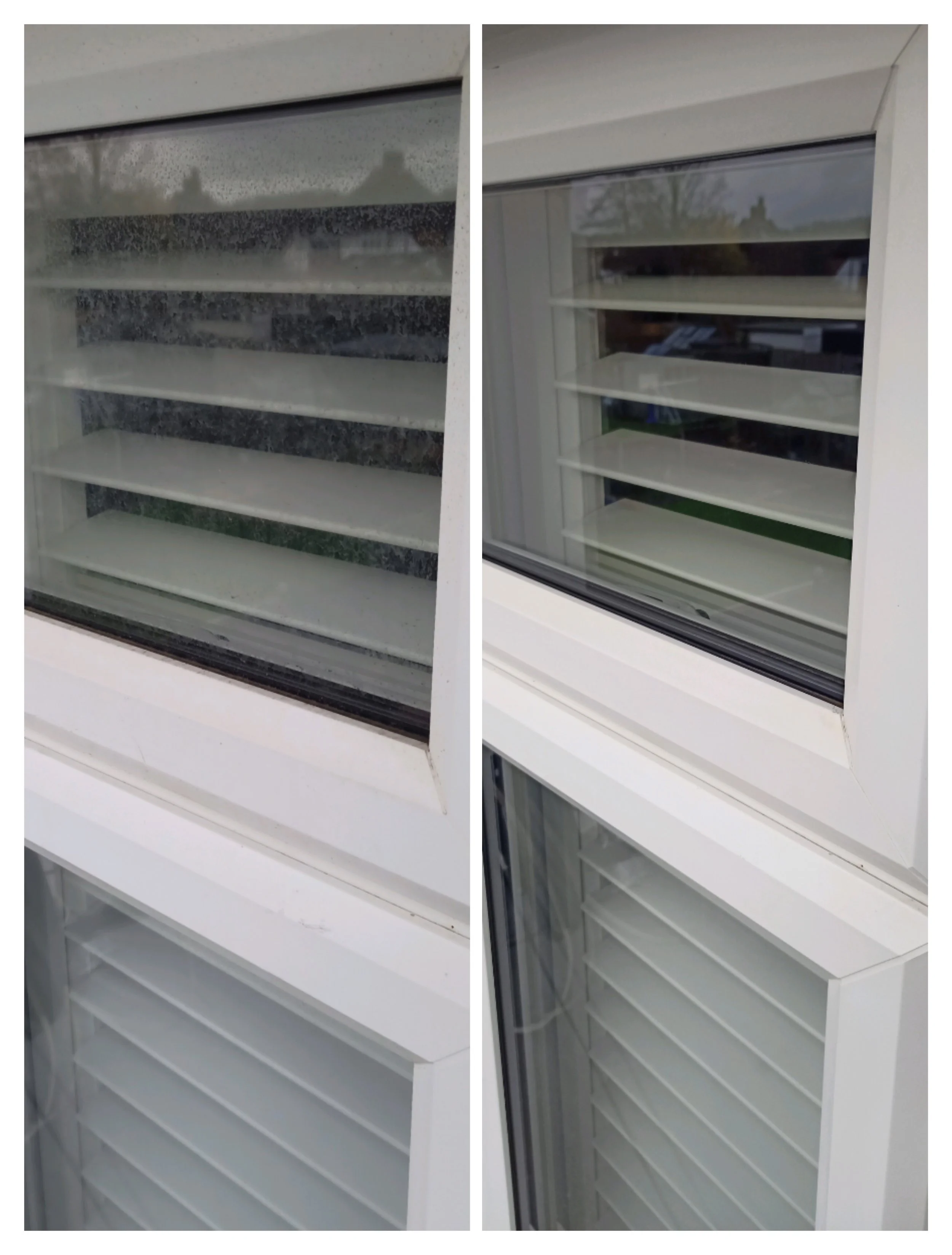 Side-by-side comparison of two images of a white window with horizontal blinds. The left image shows the window with the blinds closed, and the right image shows the window with the blinds open, revealing the outside view.