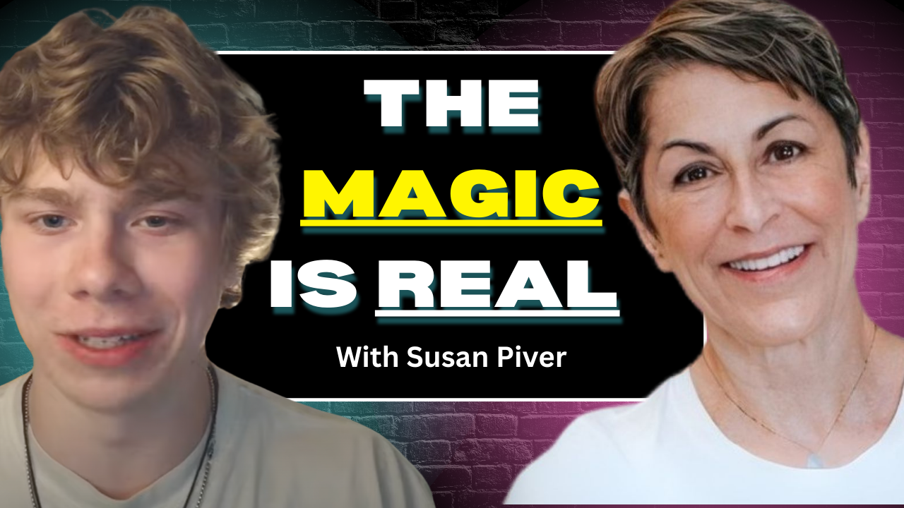 Thumbnail of a video titled 'The Magic is Real' with Susan Piver, featuring a young man with curly hair on the left and Susan Piver, smiling, on the right. The background has a brick wall with colorful lighting.