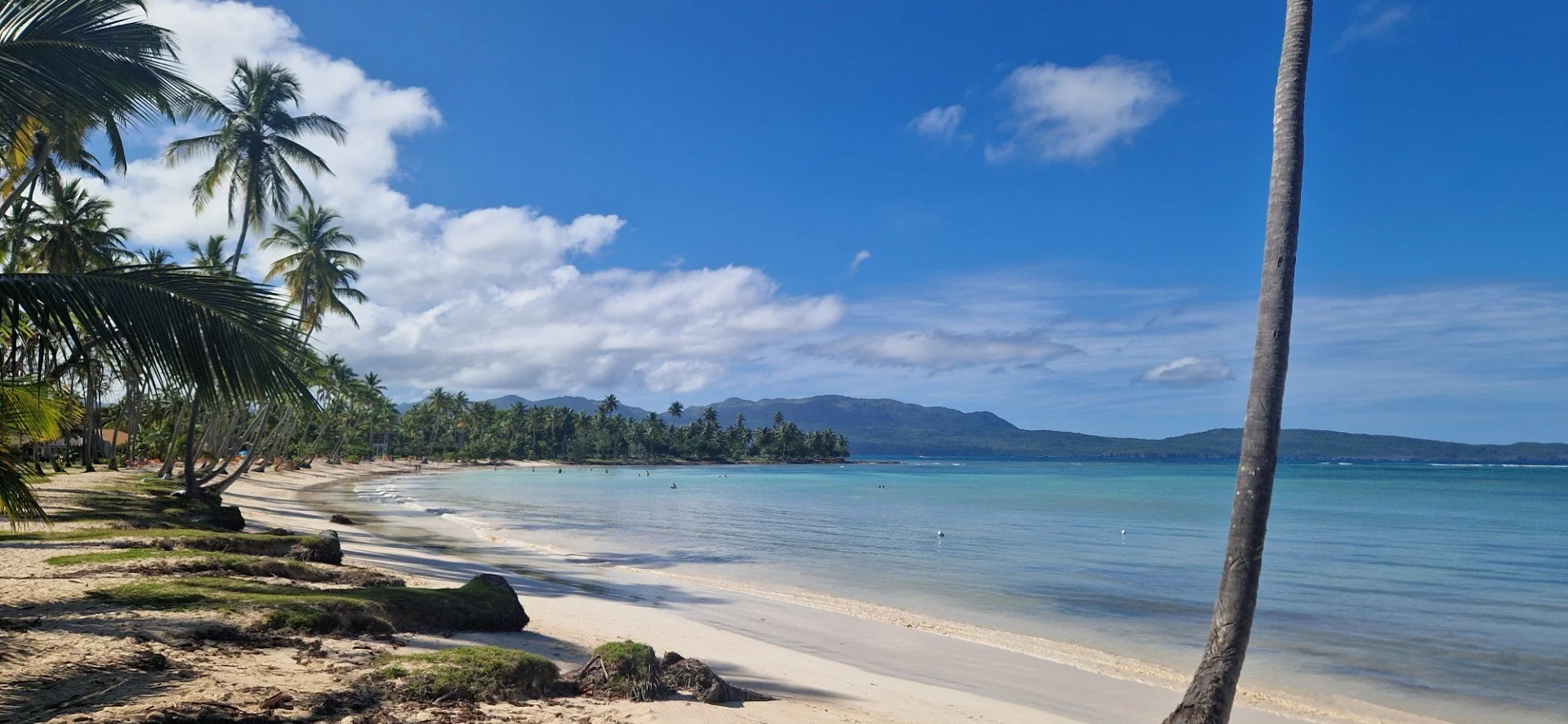 Tropical beach with palm trees, white sand, clear blue water, and a mountain range in the background under a partly cloudy sky.