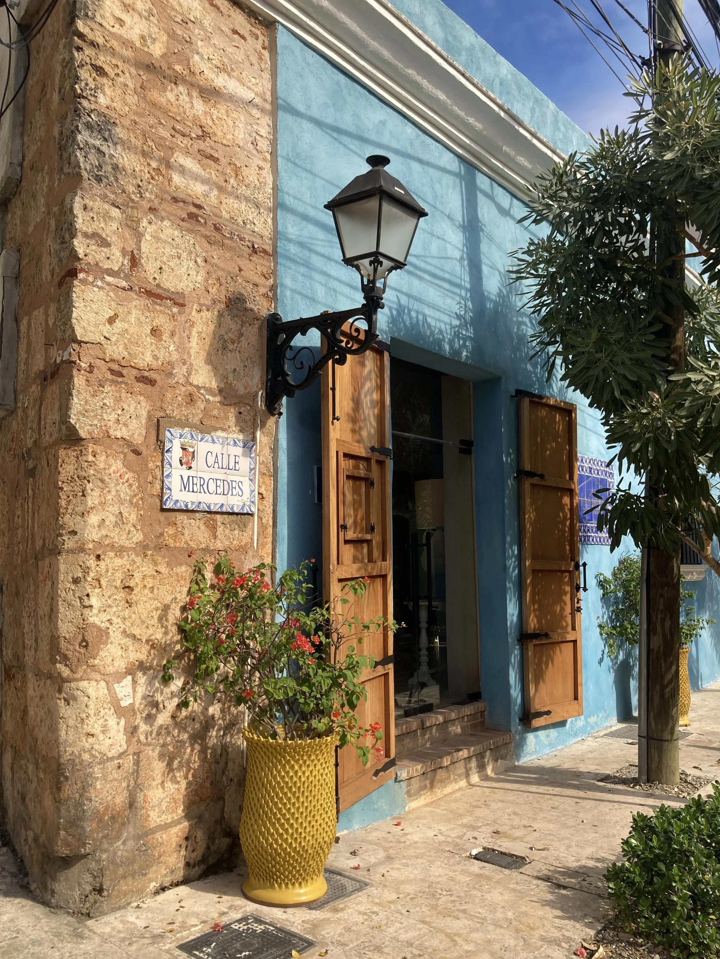 A building with a brick wall on one side and a bright blue painted section. It has open wooden shutters on windows and a decorative black street lamp attached to the wall. There is a yellow woven planter with a green plant and pink flowers on the sid