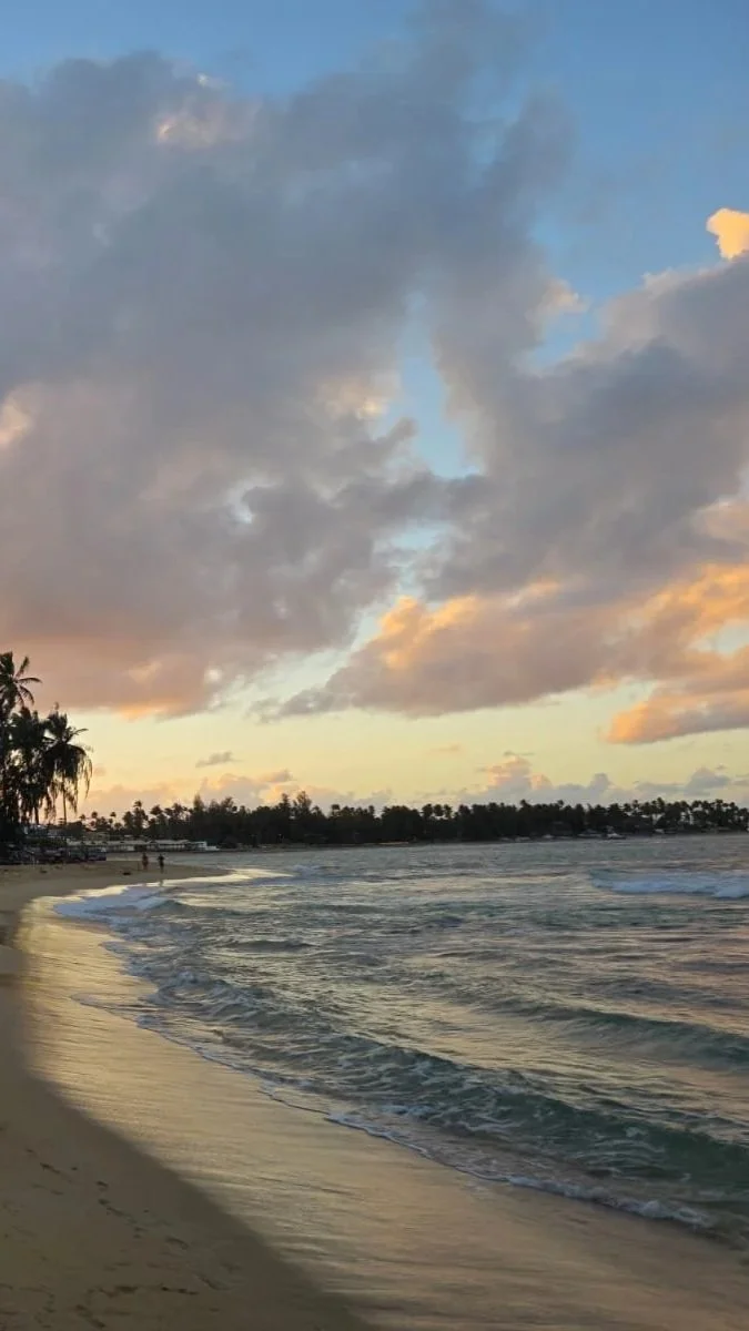Sunset at the beach with clouds in the sky, calm waves, sandy shoreline, and palm trees in the distance.