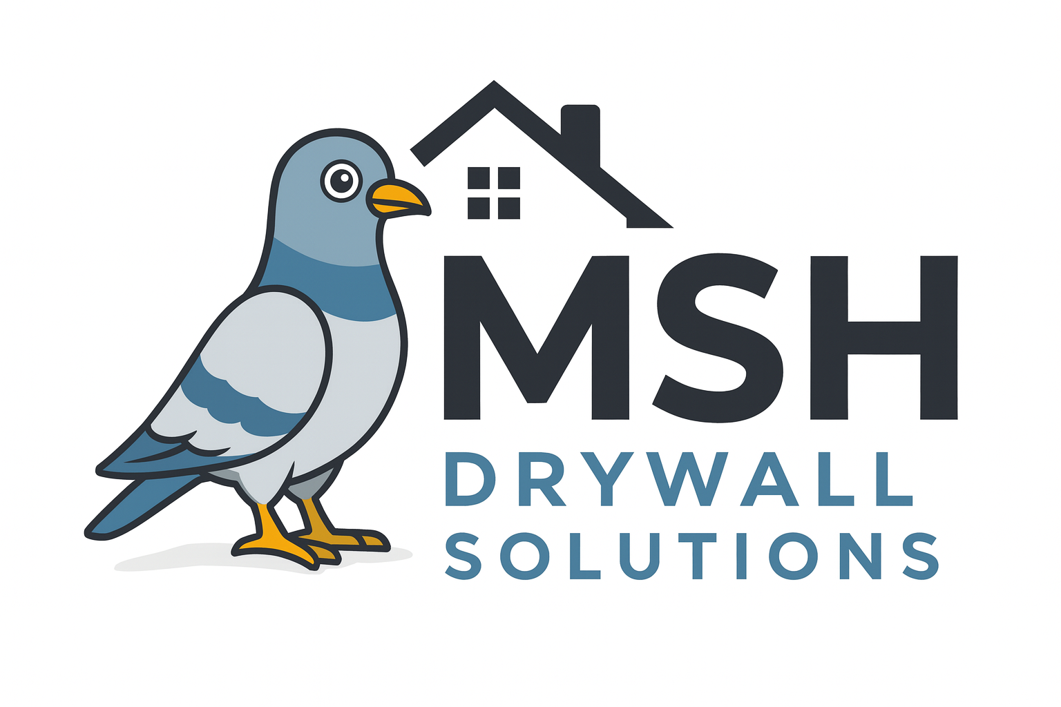 Logo for MSH Drywall Solutions featuring a cartoon pigeon in front of a house icon with the company name.