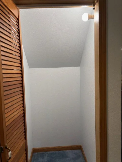 Small closet with white walls, a wooden frame, a blue carpeted floor, a louvered wooden door, and an exposed light bulb in the ceiling