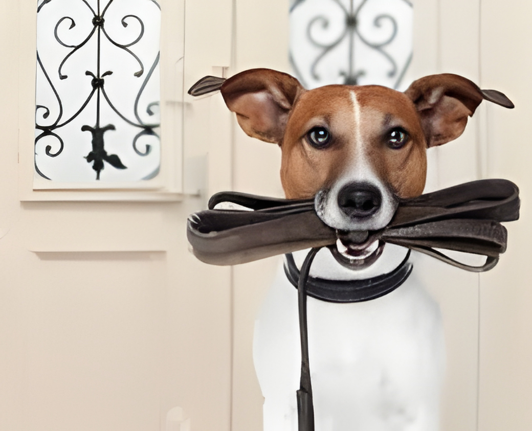 A dog with a brown face and white body holding a black rubber ring in its mouth, standing in front of a white wall with decorative black wrought iron artwork.