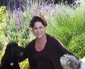 Woman sitting in a garden with two dogs, surrounded by purple and yellow flowers.