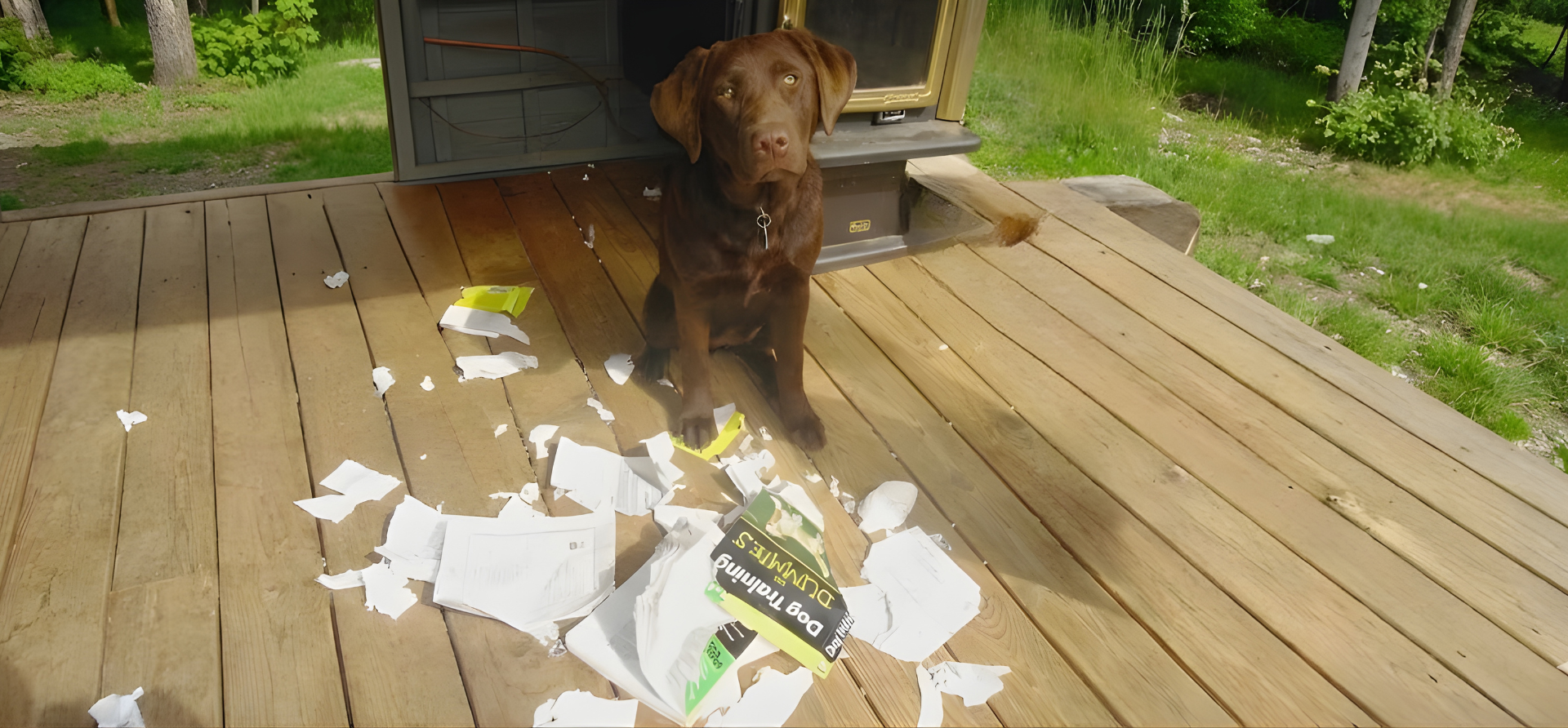 A brown dog with yellow eyes sitting on a wooden porch amidst torn paper and packaging.