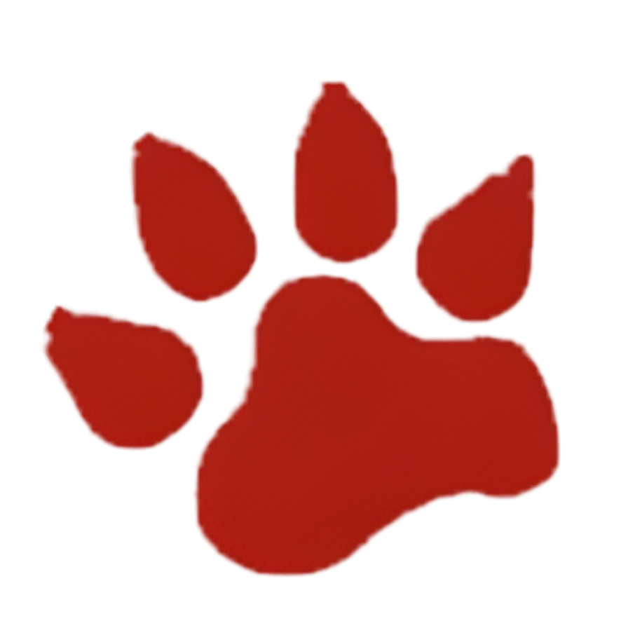 Red paw print on black background.
