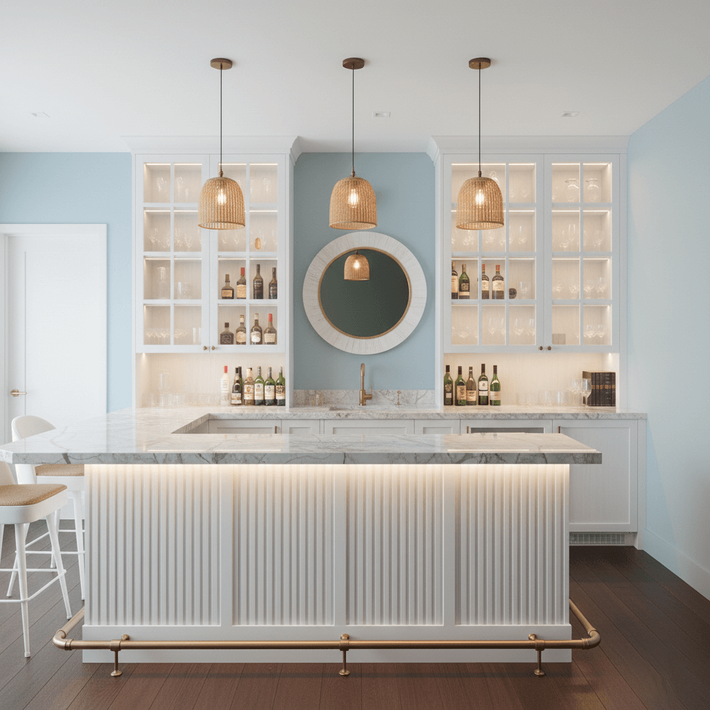 Luxury home bar with white cabinetry, wine refrigeration, and seating for entertaining.