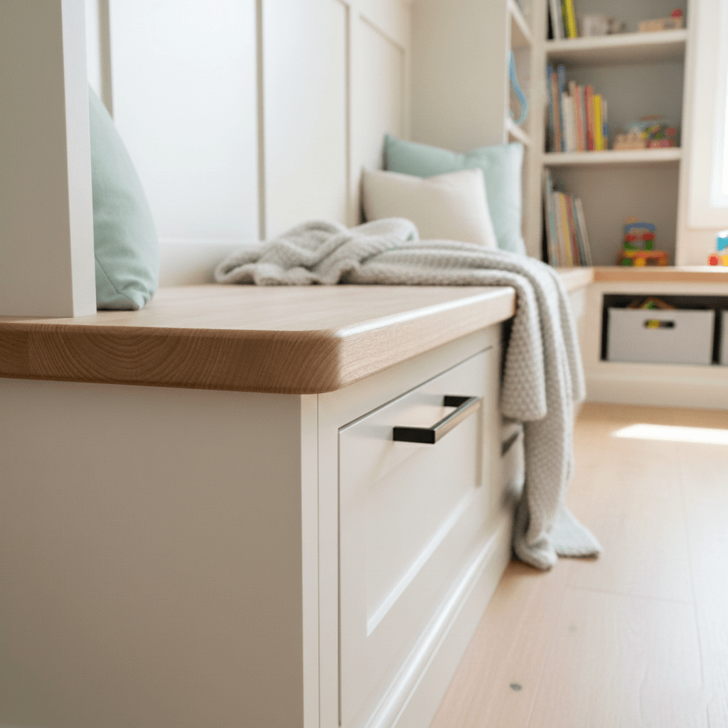 A custom built-in playroom bench with soft-close storage and rounded corners for safety