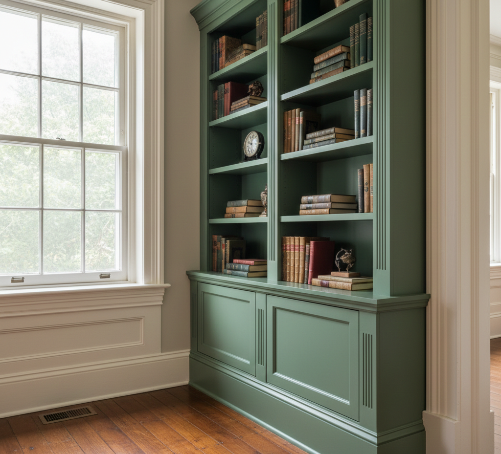 A custom green built-in book case in a historic downtown Wilmington, NC home