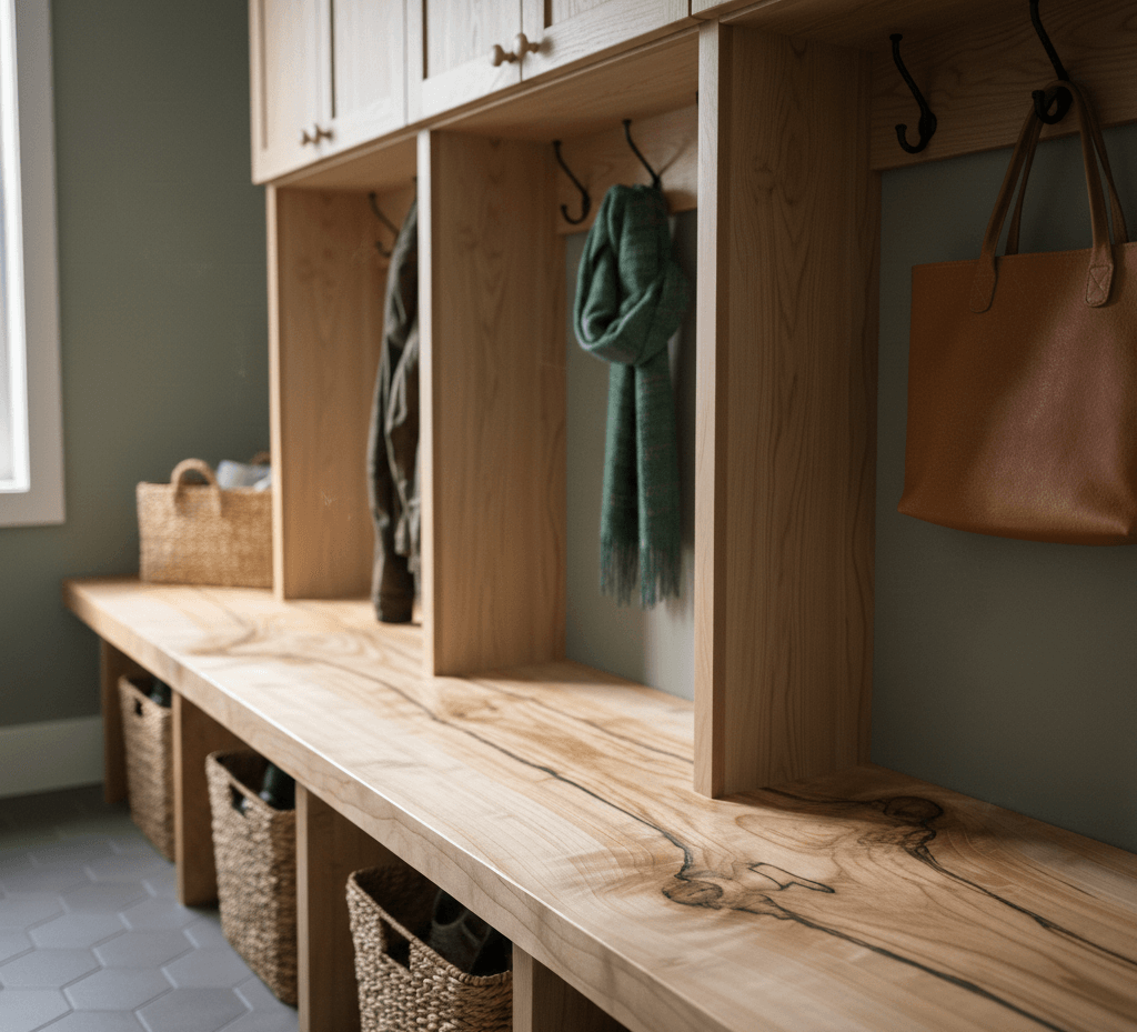 Entryway with a wooden storage unit with hooks, baskets, and a green scarf hanging.