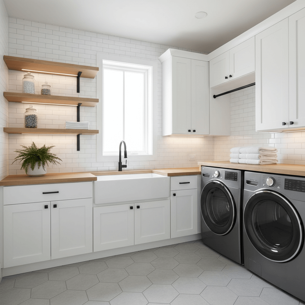 A white bright and airy mudroom with black hardware and a warm wood counter in Wilmington, NC