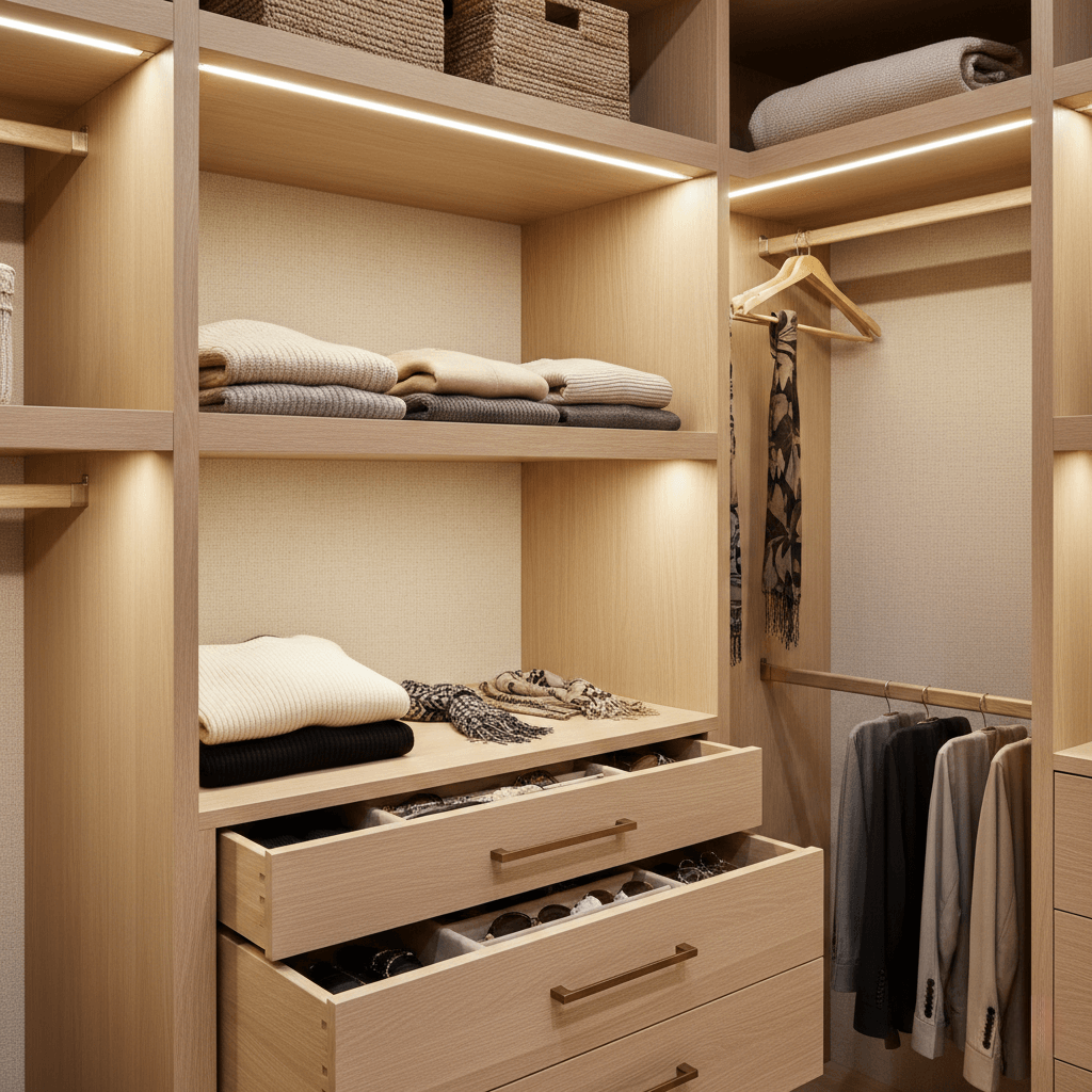 A custom, white oak closet with wooden handles and LED lighting in Landfall, Wilmington, NC