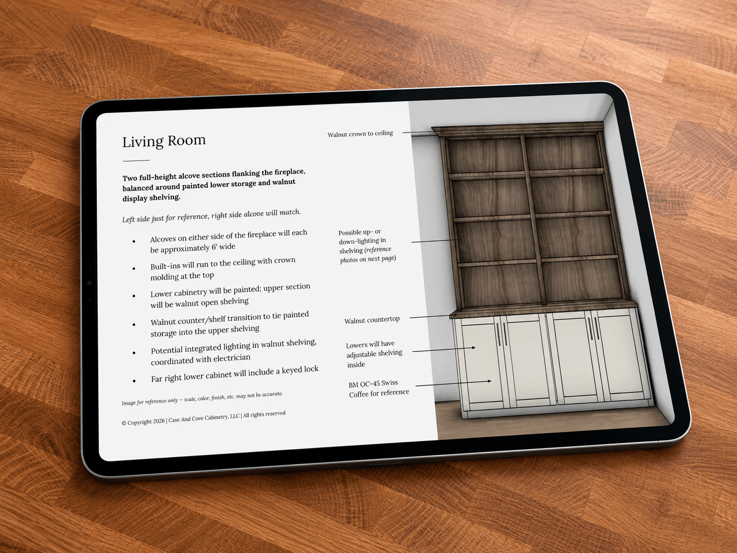 A sample presentation provided by Case & Cove Trade Studio showing a high-quality 3D mockup of built-in fireplace alcoves