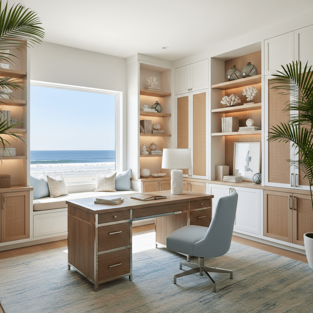 Home office with a wooden desk, blue office chair, and built-in white shelving with decorative items, large window with view of the beach and ocean, and indoor plants.