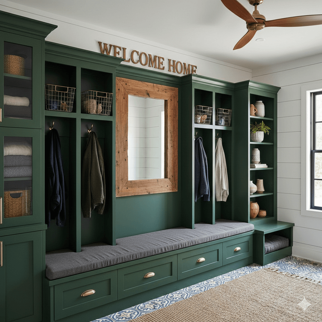 Dark green mudroom bulit-ins with cubbies and storage lockers in Wilmington, NC