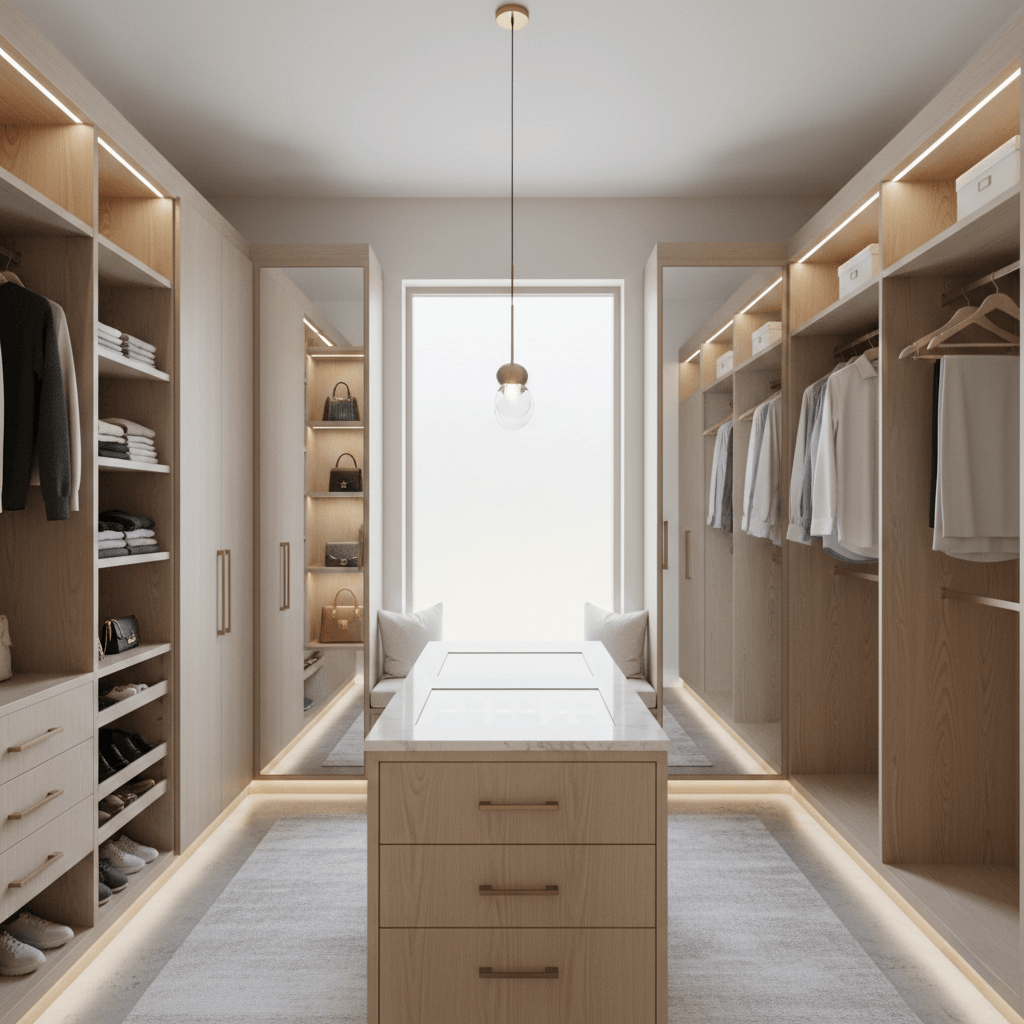 A bright, custom closet with integrated LED lighting and storage in Wilmington, NC