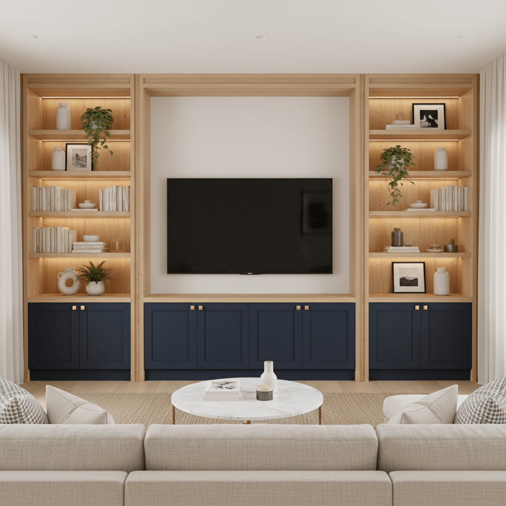 A custom media wall with hidden cable management and plenty of storage in Wilmington, NC