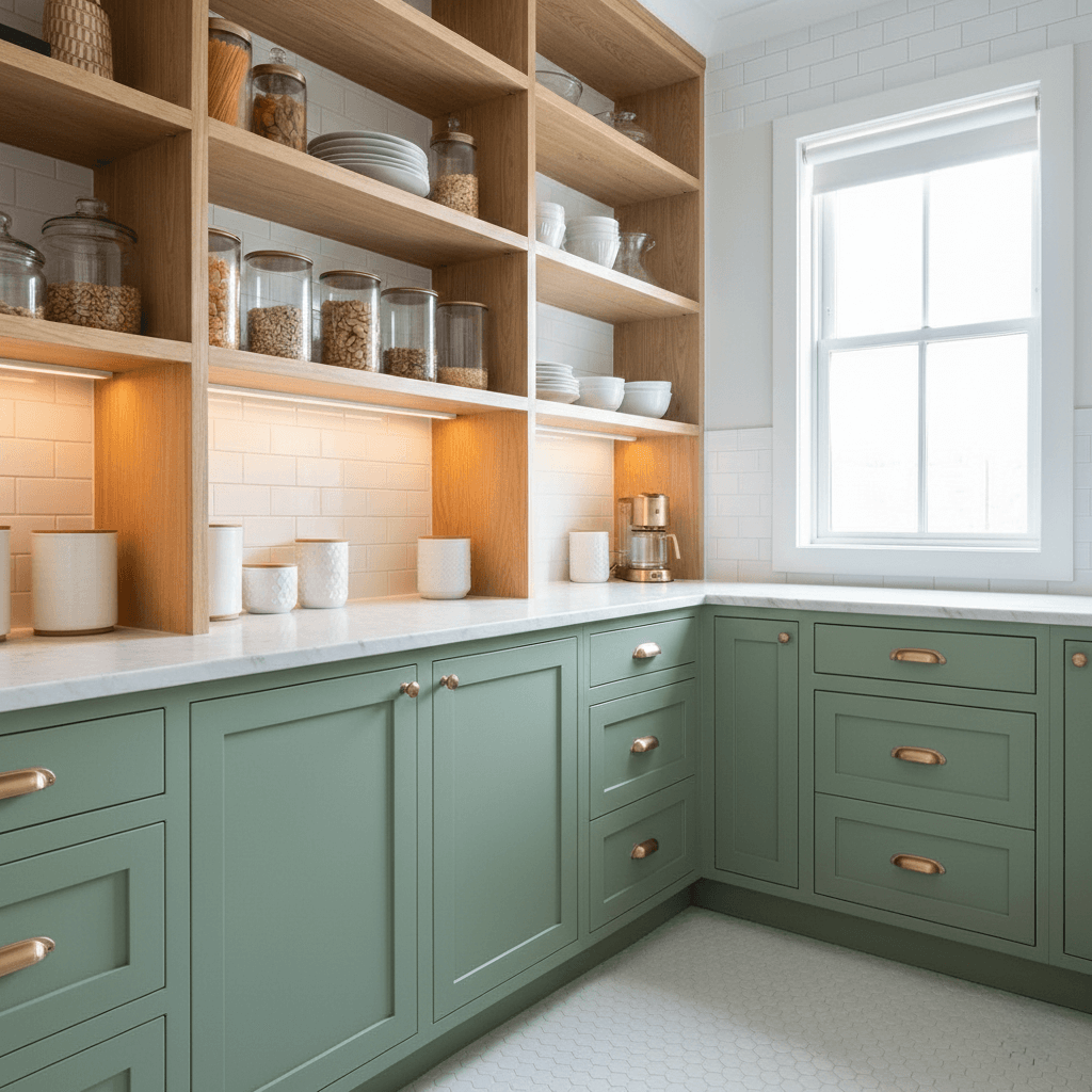 High-capacity walk-in pantry with custom wood shelving and appliance garages for kitchen organization.